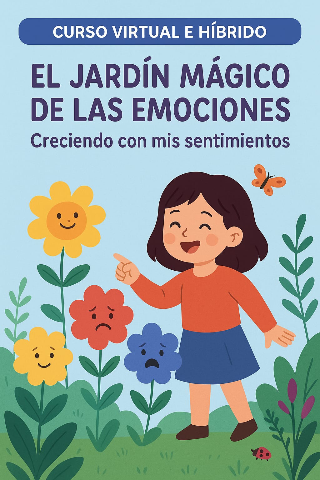 niña observando como crecen diferentes emociones, las cuales están representadas con flores de diferentes colores 
